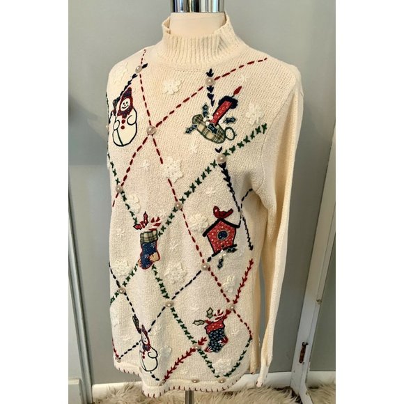 Vintage Christmas sweater pullover cream plaid Victoria Jones size M snowman - Picture 8 of 9